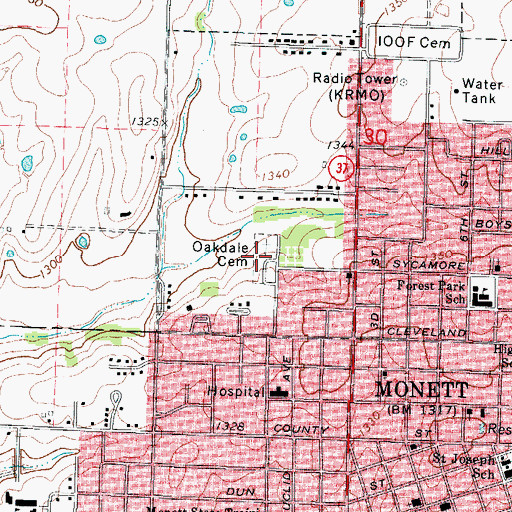 Topographic Map of Oakdale Cemetery, MO