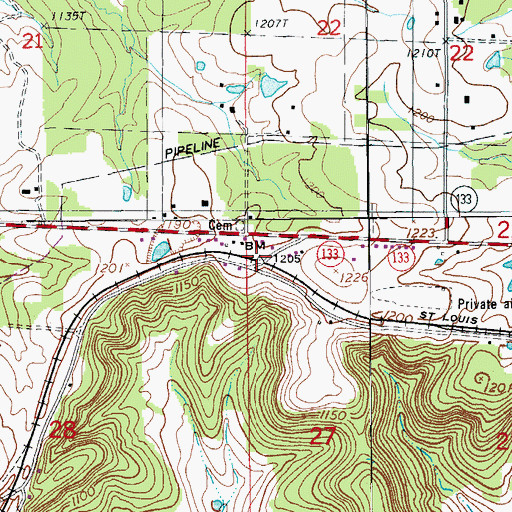 Topographic Map of Rhodes Spur, MO