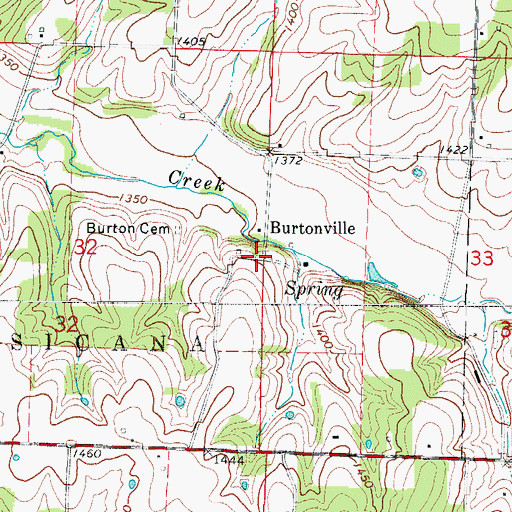 Topographic Map of Burtonville, MO