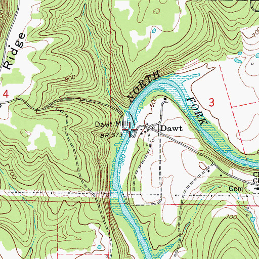 Topographic Map of Dawt Mill, MO