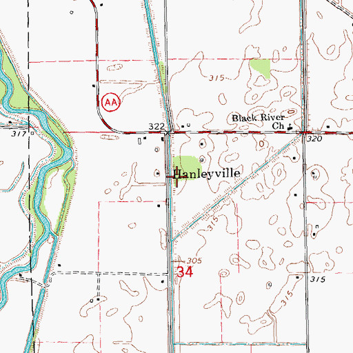 Topographic Map of Hanleyville, MO