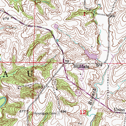 Topographic Map of Hilldale, MO