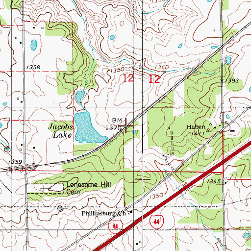 Topographic Map of Huben (historical), MO