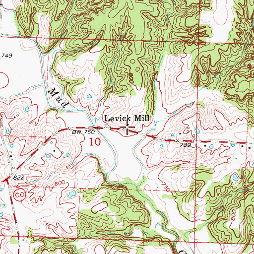 Topographic Map of Levick Mill, MO