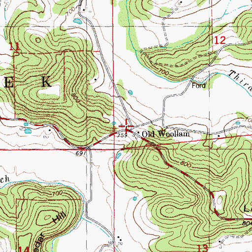 Topographic Map of Old Woollam, MO