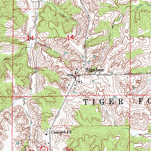 Topographic Map of Sigsbee, MO