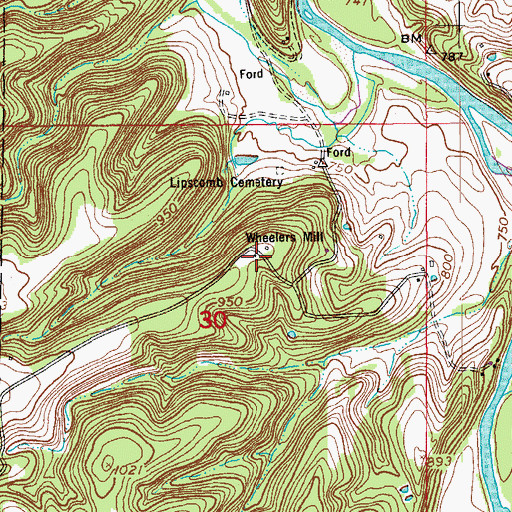 Topographic Map of Wheelers Mill, MO