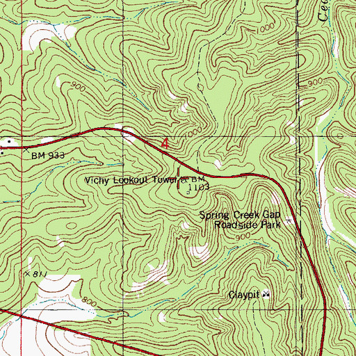 Topographic Map of Vichy Lookout Tower, MO
