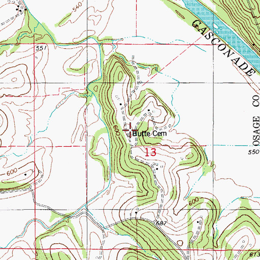 Topographic Map of Butte Cemetery, MO