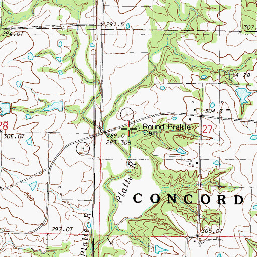 Topographic Map of Round Prairie Cemetery, MO