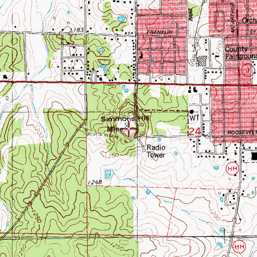 Topographic Map of Simmons Hill Mine, MO
