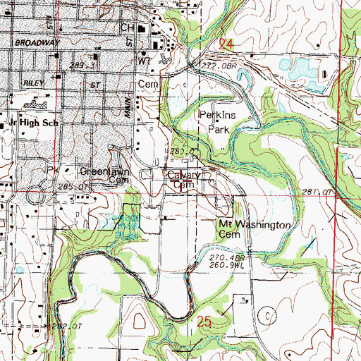 Topographic Map of Calvary Cemetery, MO