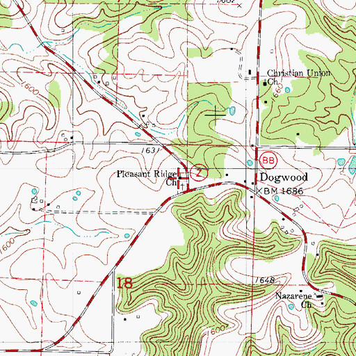 Topographic Map of Pleasant Ridge Church, MO