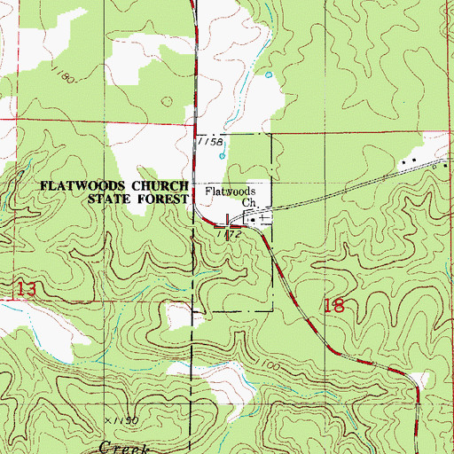 Topographic Map of Flatwoods Church State Forest, MO