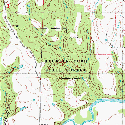 Topographic Map of Hackler Ford State Forest, MO