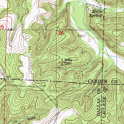 Topographic Map of Mills Cemetery, MO