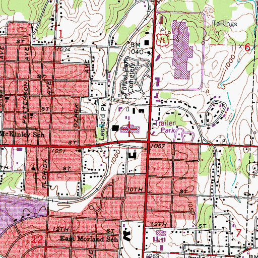 Topographic Map of Elms Shopping Center, MO