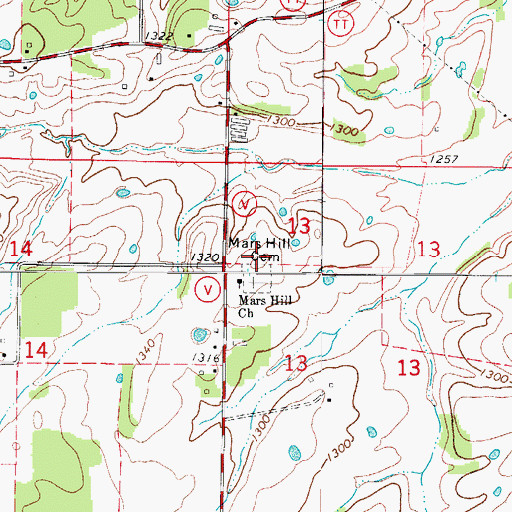 Topographic Map of Mars Hill School (historical), MO