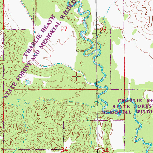 Topographic Map of Charlie Heath State Forest and Memorial Wildlife Area, MO