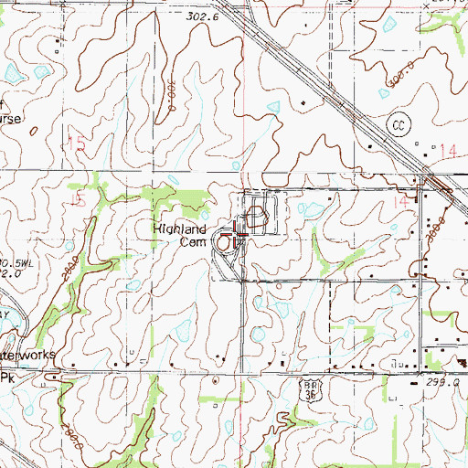 Topographic Map of Highland Cemetery, MO