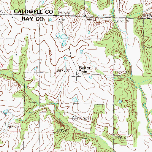 Topographic Map of Baker Cemetery, MO