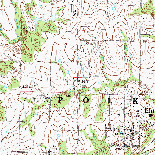 Topographic Map of Allen Cemetery, MO