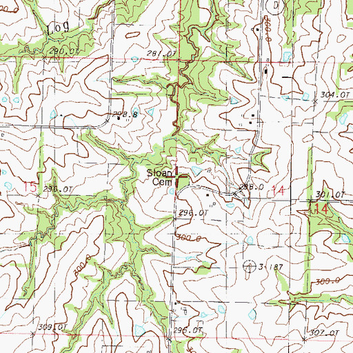 Topographic Map of Sloan Cemetery, MO