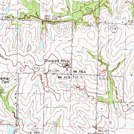 Topographic Map of Crooked River Cemetery, MO