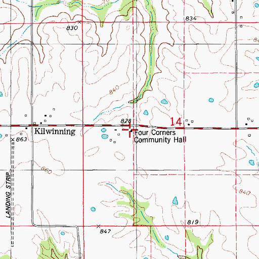 Topographic Map of Four Corners Community Hall, MO
