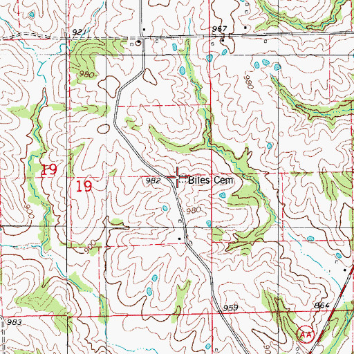 Topographic Map of Biles Cemetery, MO