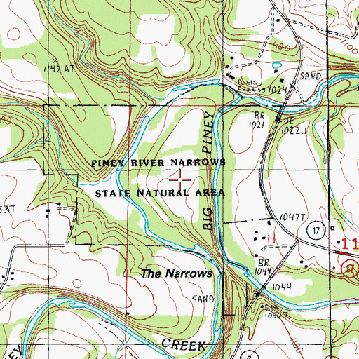 Topographic Map of Piney River Narrows State Natural Area, MO