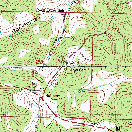 Topographic Map of Dyer Cemetery, MO