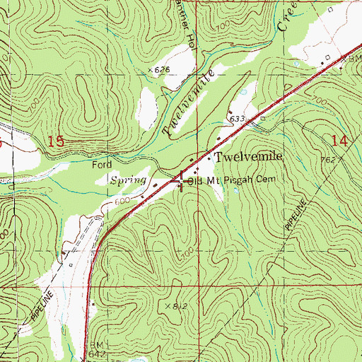 Topographic Map of Old Mount Pisgah Cemetery, MO