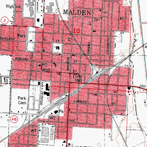 Topographic Map of Malden City Hall, MO
