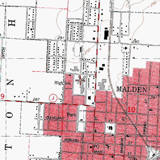 Topographic Map of Malden High School, MO