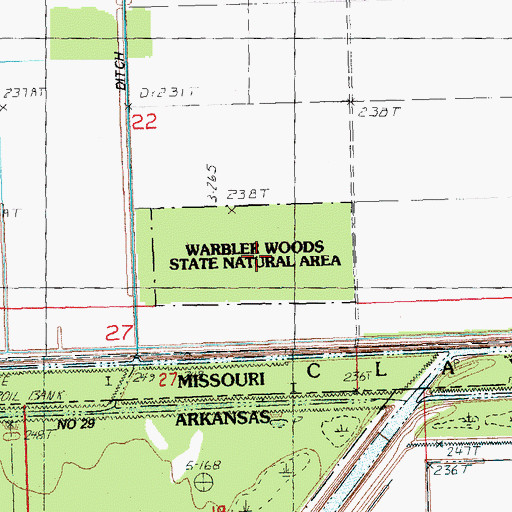 Topographic Map of Warbler Woods State Natural Area, MO