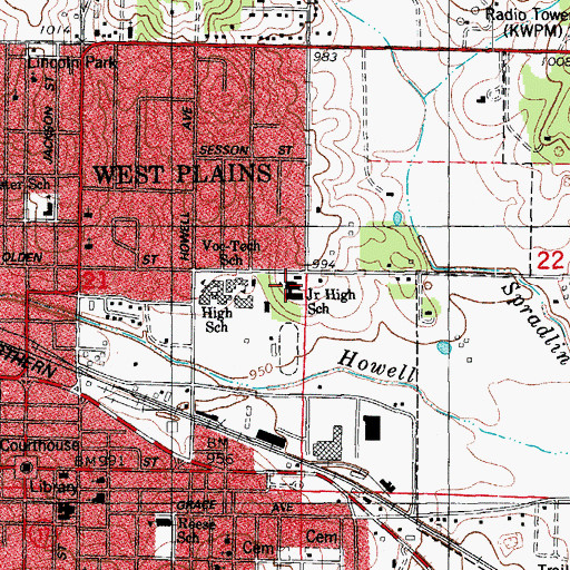 Topographic Map of West Plains Junior High School, MO