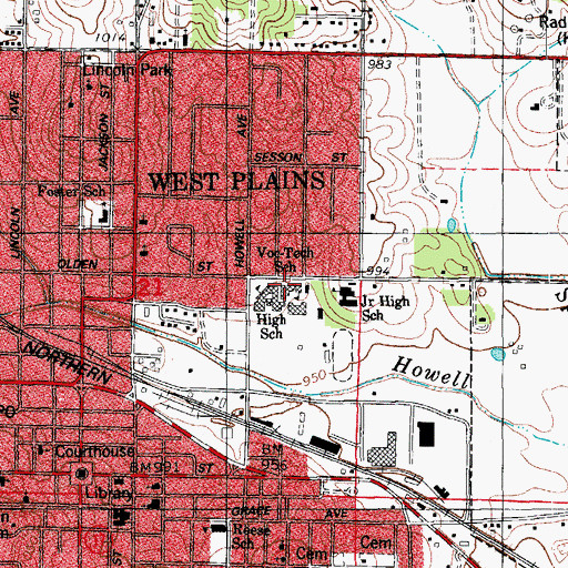 Topographic Map of West Plains Voc-Tech School, MO
