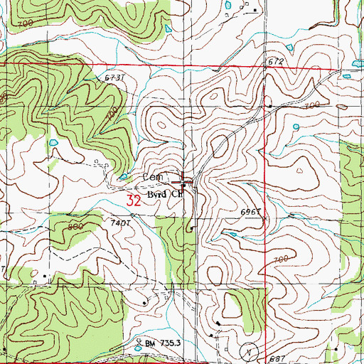 Topographic Map of Byrd Church, MO