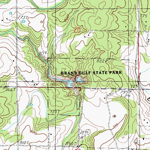 Topographic Map of Grand Gulf State Park, MO