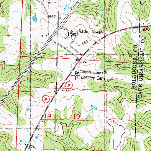 Topographic Map of Lessley Cemetery, MO