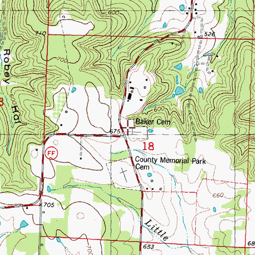 Topographic Map of Baker Cemetery, MO