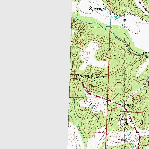 Topographic Map of Buehler Cemetery, MO