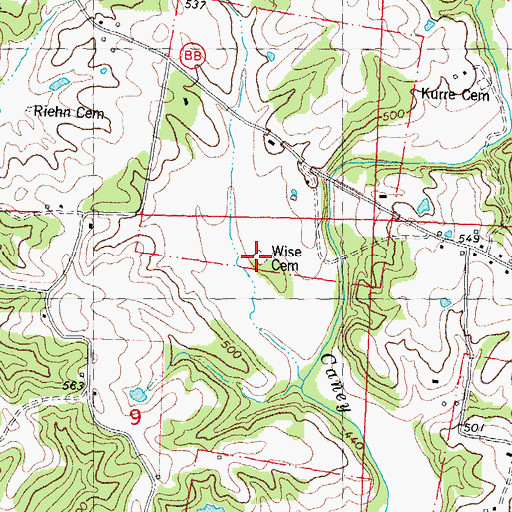 Topographic Map of Wise Cemetery, MO
