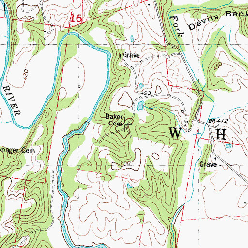 Topographic Map of Baker Cemetery, MO