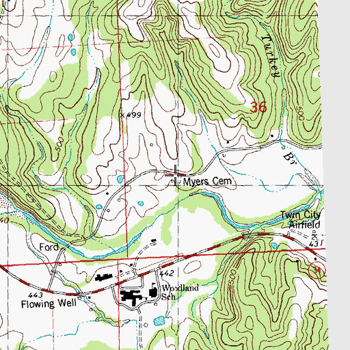Topographic Map of Myers Cemetery, MO