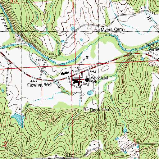 Topographic Map of Woodland School, MO