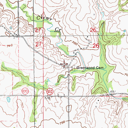 Topographic Map of Greenwood School (historical), MO