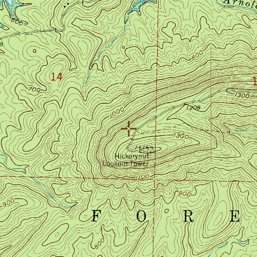 Topographic Map of Hickory Nut Mountain Campground, AR