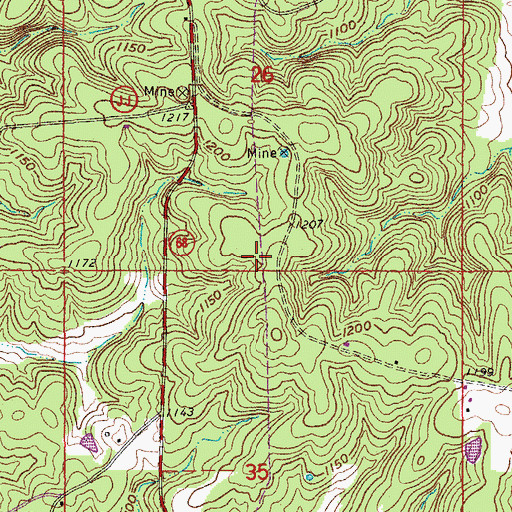 Topographic Map of Brady Mine, MO